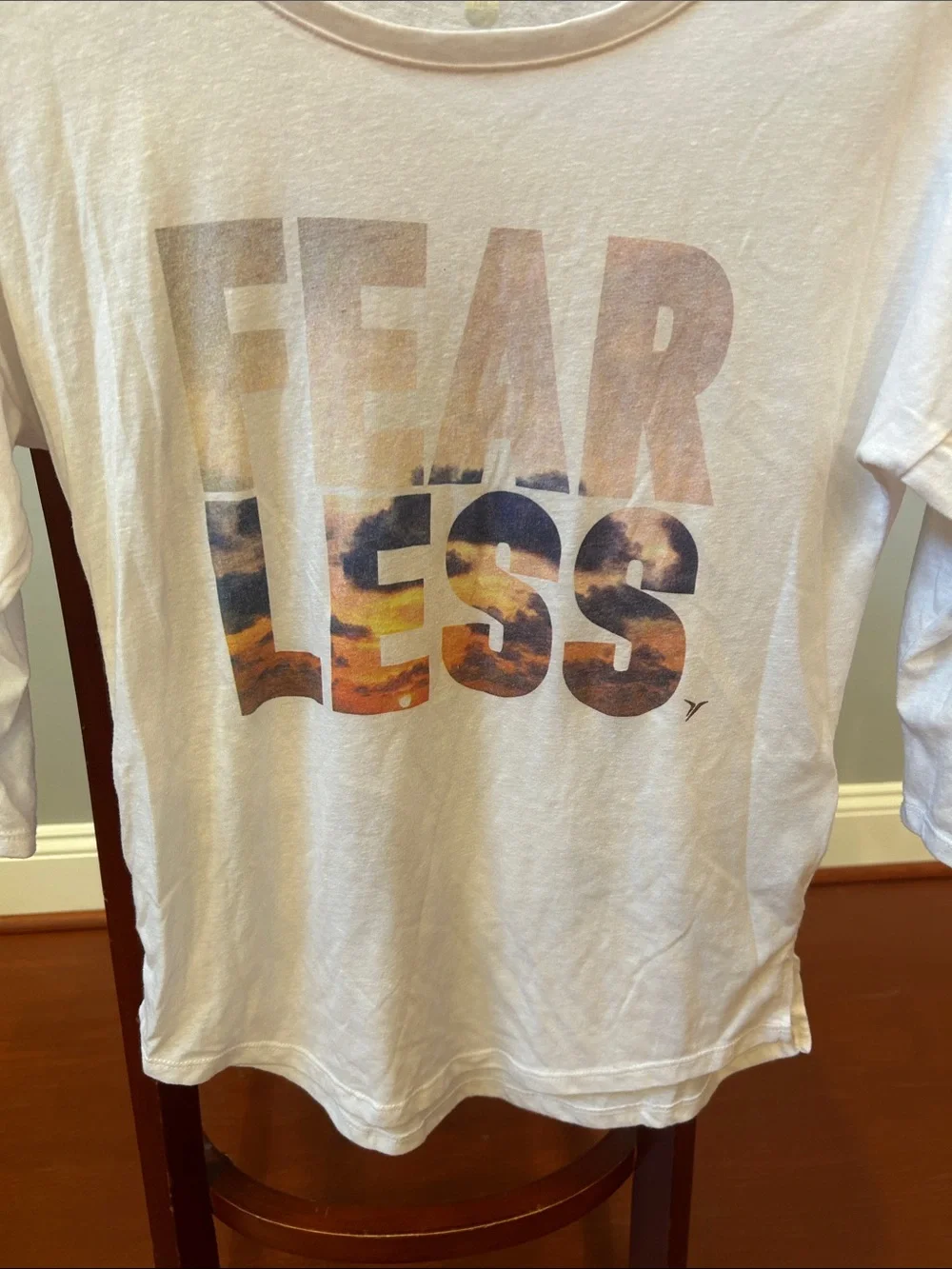 Old Navy White Long Sleeve Tee with 'FEARLESS' Sunset Lettering